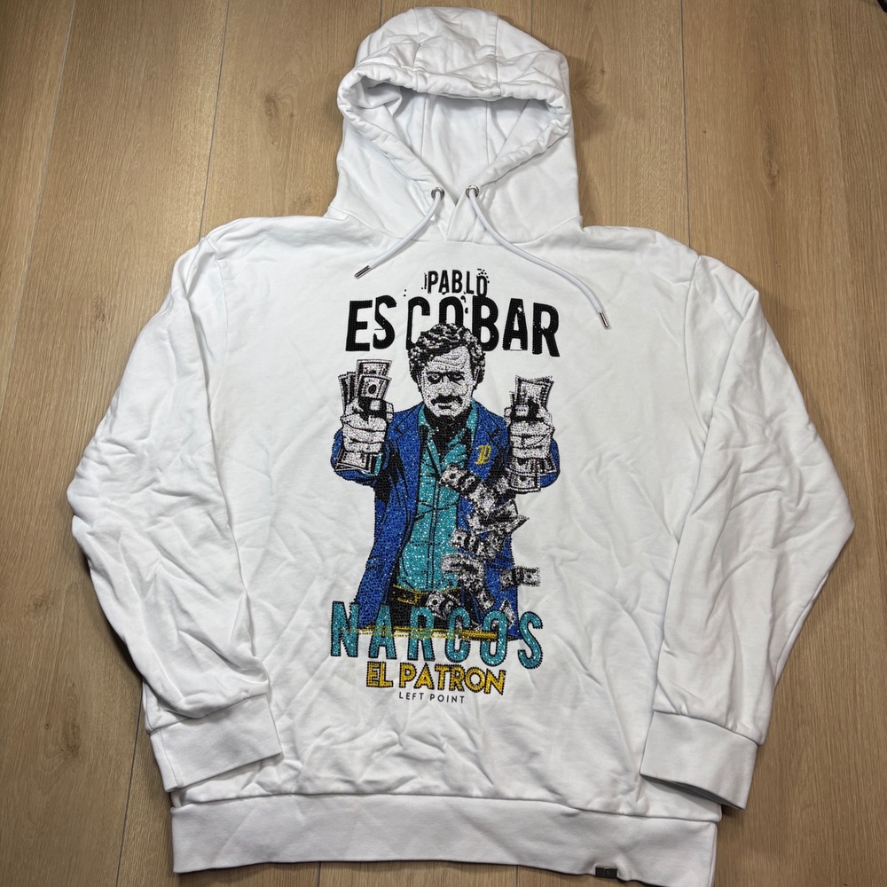 Left Point Narcos El Patron Pablo Escobar Rhinestone Hoodie White Sweatshirt XL